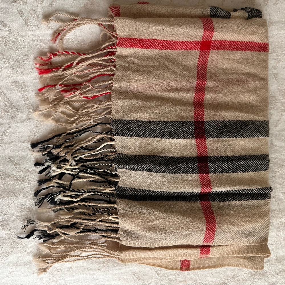 Beige Plaid Fringe Scarf with Red & Black Stripes